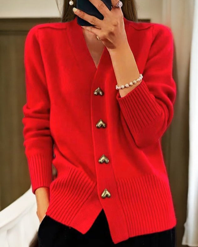 V-Neck Cardigan Sweater with Gold Heart Buttons